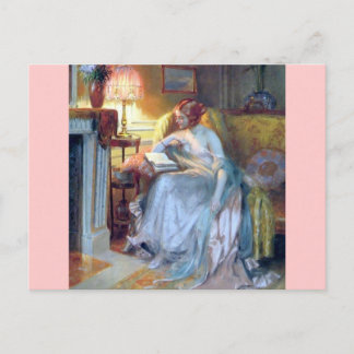 Woman reading by the lamp antique painting postcard