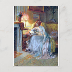 Woman reading by the lamp antique painting postcard