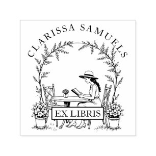 Woman Reading Garden Table Flowers Hat Ex Libris Self-inking Stamp