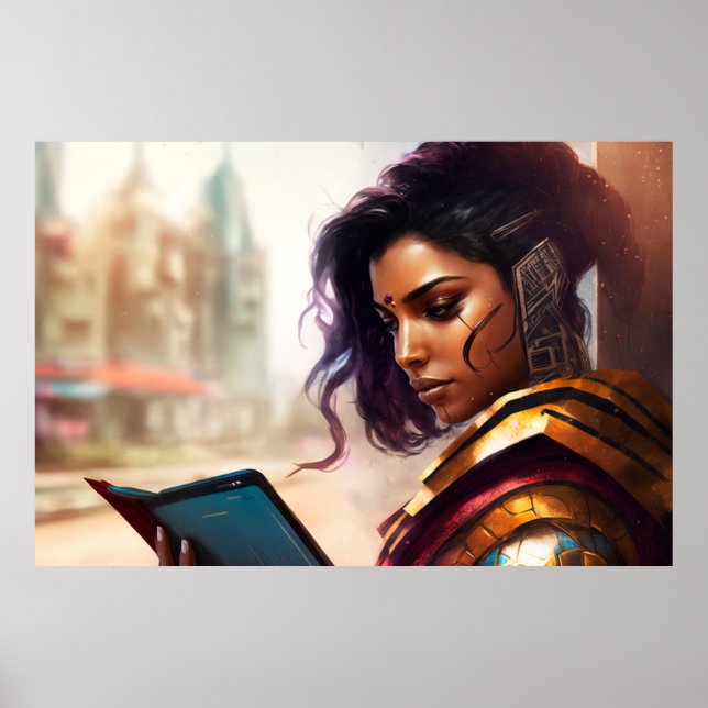 Woman Reading in a City of the Future Poster (Front)