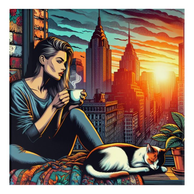 Woman Reading in City Window with Cat and Coffee Acrylic Print (Front)