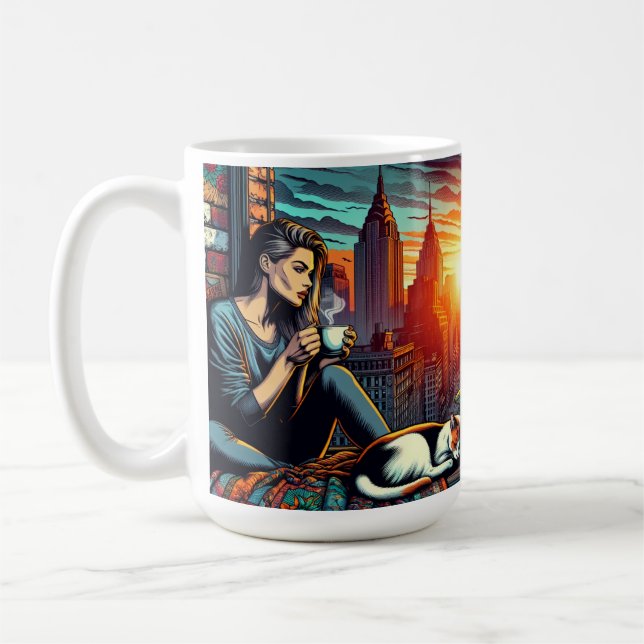 Woman Reading in City Window with Cat and Coffee Coffee Mug (Left)