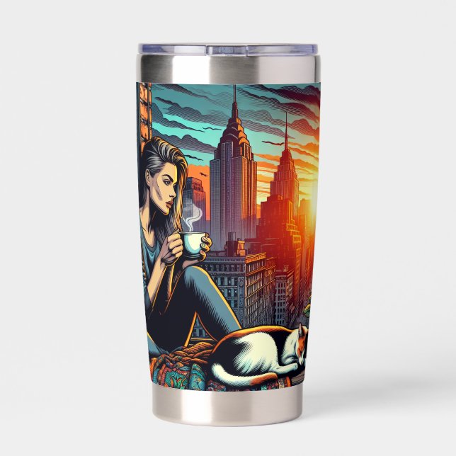 Woman Reading in City Window with Cat and Coffee Insulated Tumbler (Back)