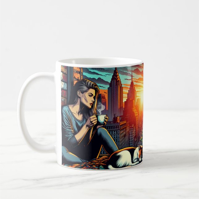 Woman Reading in City Window with Cat and Coffee Mug (Left)