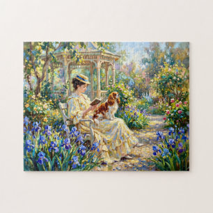 Woman Reading in Garden with Cavalier Spaniel Jigsaw Puzzle