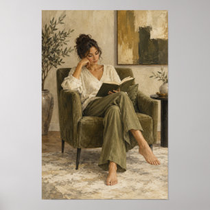 Woman Reading in Green Armchair Cozy Figurative Wa Poster