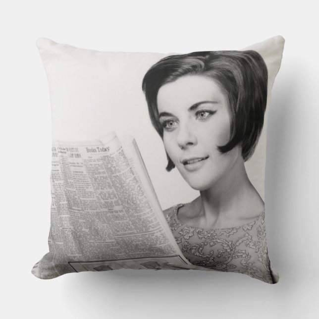 Woman Reading Newpaper Throw Pillow (Front)
