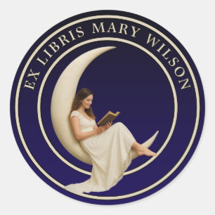 Woman Reading On Crescent Moon Ex Libris Template Classic Round Sticker