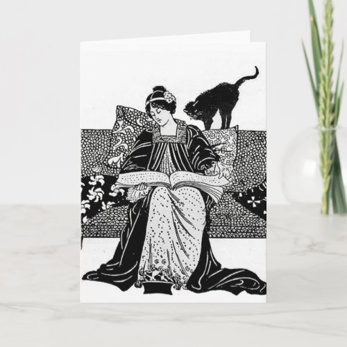 Woman reading with a black cat card