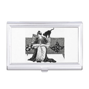 Woman reading with black cat  business card case