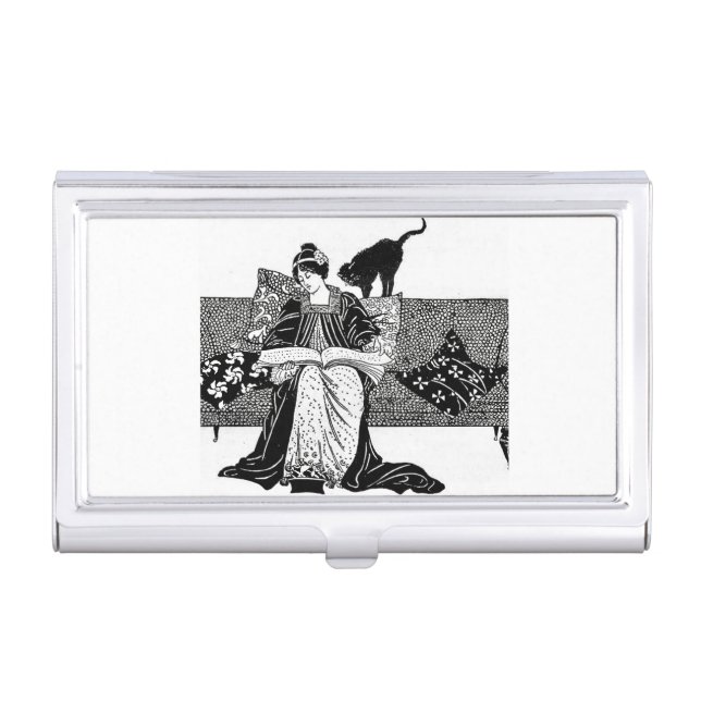 Woman reading with black cat  business card case (Front)