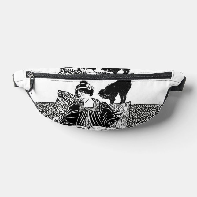 Woman reading with cat accent fanny pack (Lay Down)