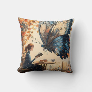Woman Reading with Giant Butterfly Abstract Art Throw Pillow