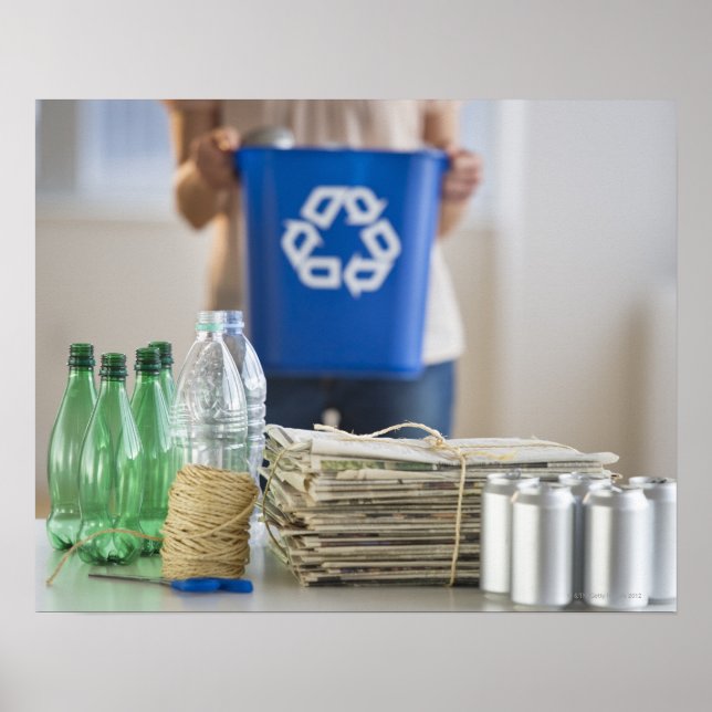 Woman recycling plastic bottles, cans and poster (Front)