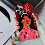 Woman red Christmas festive reindeer Case-Mate iPhone 14 Case<br><div class="desc">An attractive modern portrait of a woman dressed as Rudolf the reindeer. A cheerful red background with berry sprigs. The woman is wearing a pink Christmas sweater with Christmas trees and reindeer. Her black hair stands out nicely against the red background. Original acrylic paint with pencil on paper. Original artwork...</div>