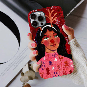 Woman red Christmas festive reindeer Case-Mate iPhone 14 Case