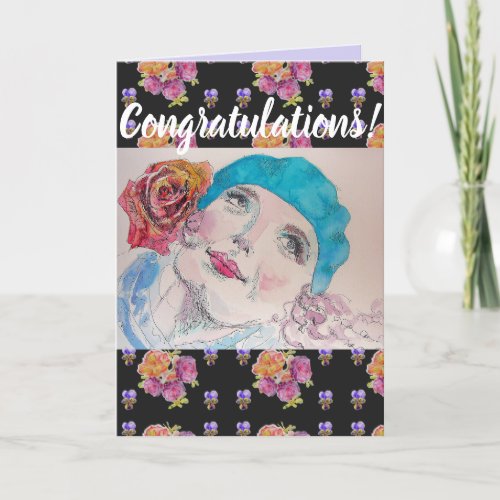 Woman Red Rose Floral Conrgatulations art Card