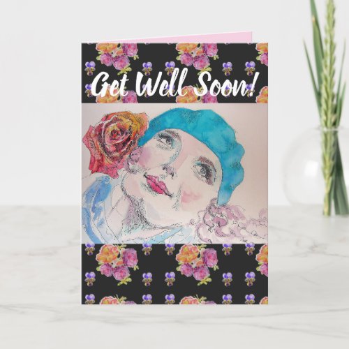 Woman Red Rose Floral Get Well Soon art Card