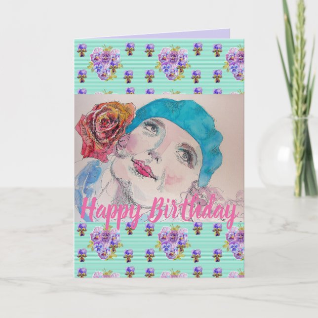 Woman Red Rose Floral Happy Birthday art Card (Front)