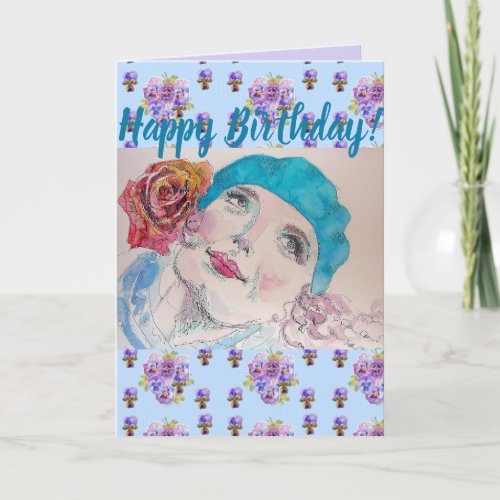 Woman Red Rose Floral Happy Birthday art Card