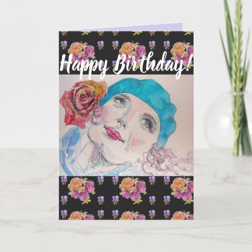 Woman Red Rose Floral Happy Birthday art Card