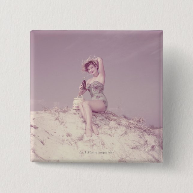 Woman Relaxing on Beach Button (Front)