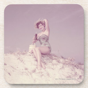 Woman Relaxing on Beach Drink Coaster