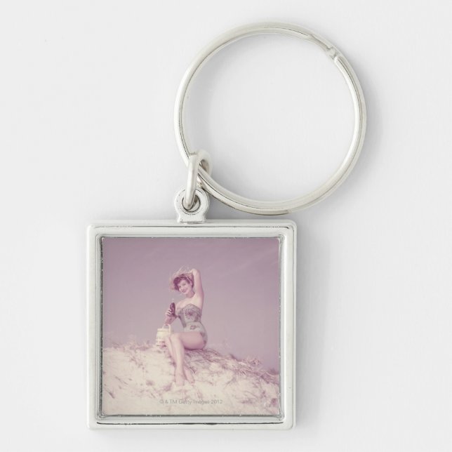 Woman Relaxing on Beach Keychain (Front)