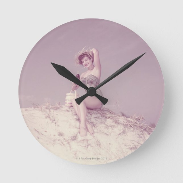 Woman Relaxing on Beach Round Clock (Front)