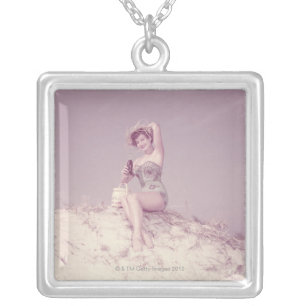 Woman Relaxing on Beach Silver Plated Necklace