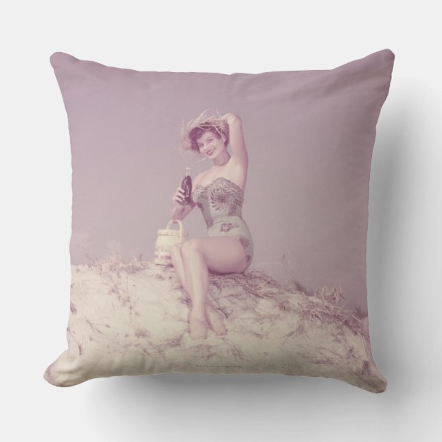 Woman Relaxing on Beach Throw Pillow (Front)