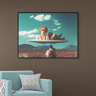 Woman Relaxing on UFO in Desert Poster