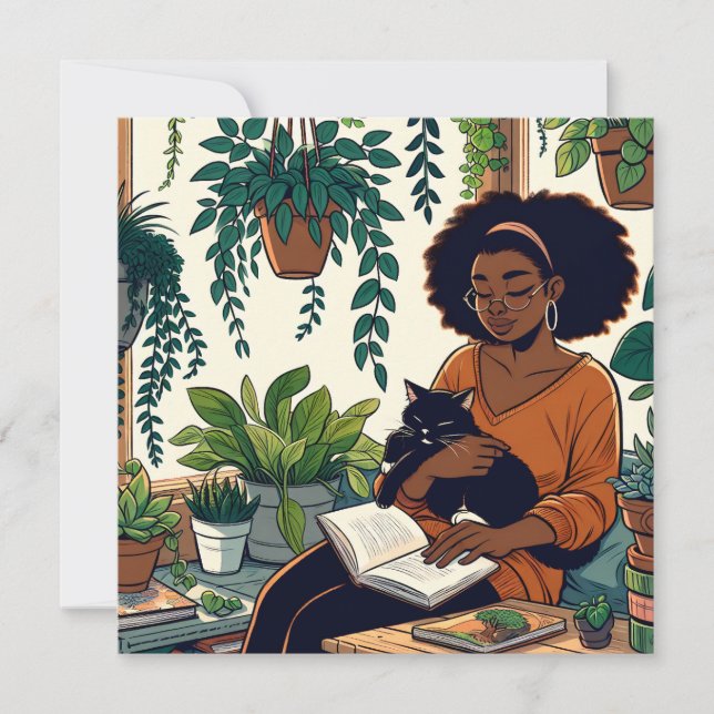 Woman Relaxing with Cat, a Good Book and Plants Card (Front)