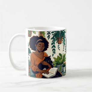 Woman Relaxing with her cat, book and plants Coffee Mug