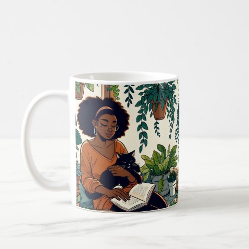 Woman Relaxing with her cat book and plants Coffee Mug