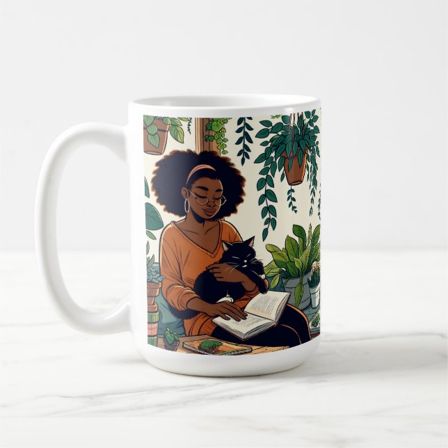 Woman Relaxing with her cat, book and plants Coffee Mug (Left)