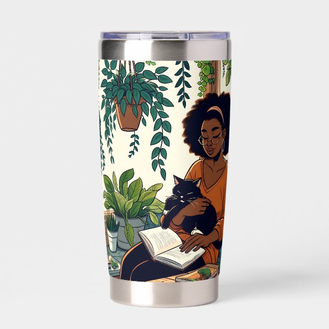 Woman Relaxing with her cat, book and plants Insulated Tumbler (Front)