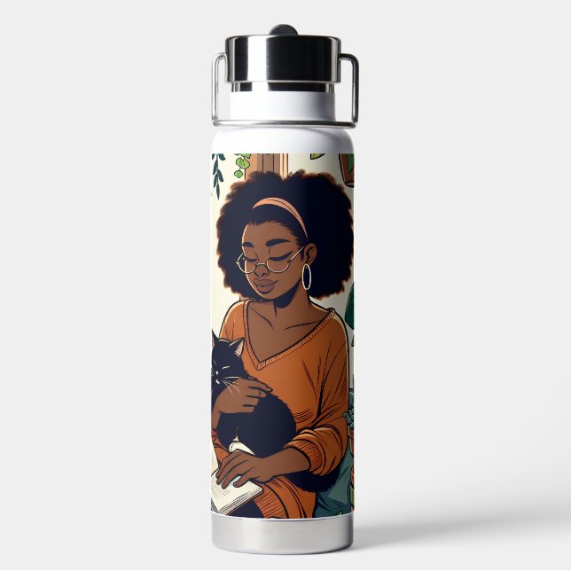 Woman Relaxing with her cat, book and plants Water Bottle (Back)