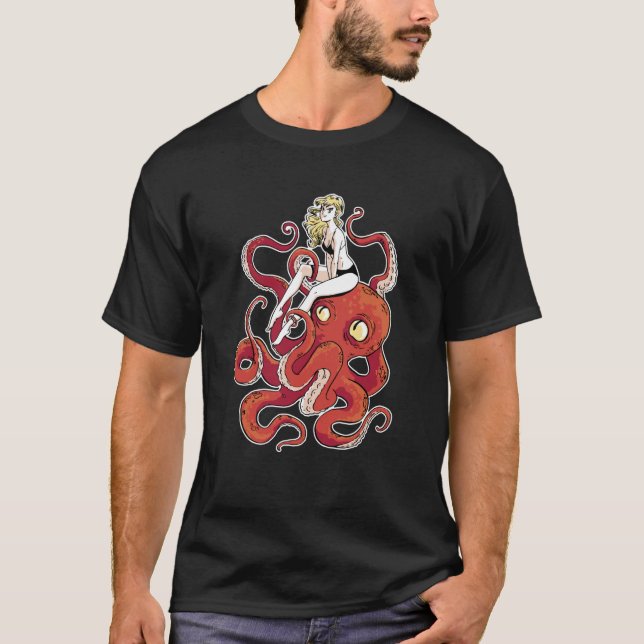 Woman Riding a Red Octopus Octopus T-Shirt (Front)