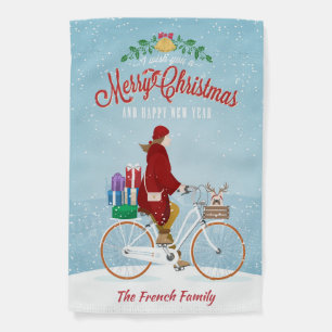 Woman Riding Bike w/Christmas Gifts, Personalized Garden Flag