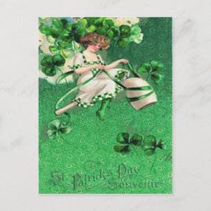Woman Riding Clay Pipe Shamrock Postcard