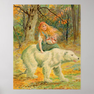 Woman Riding on Bear vintage illustration Poster