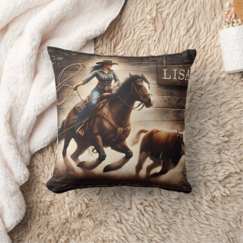 Woman Roping Cattle at Rodeo Event Throw Pillow