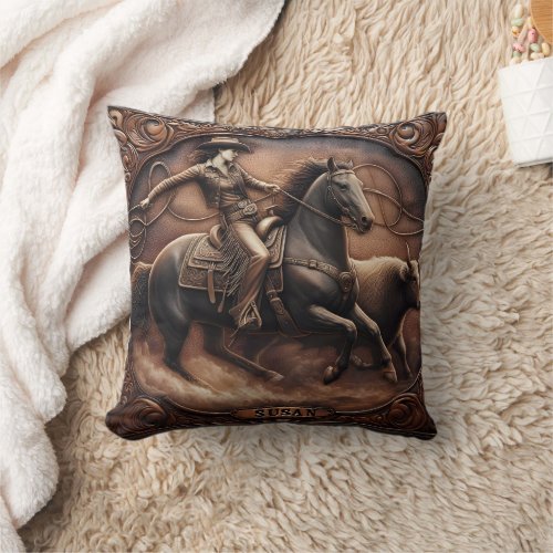 Woman Roping Cattle on Horse in Rodeo Artwork Throw Pillow