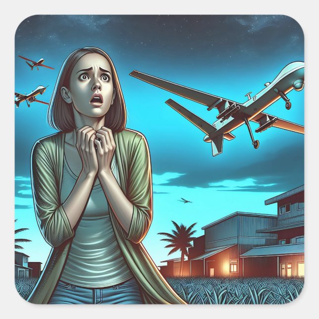 Woman running from Drones | Current Events Humor Square Sticker (Front)