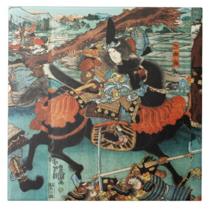 WOMAN SAMURAI TOMOE GOZEN HORSEBACK IN THE BATTLE CERAMIC TILE