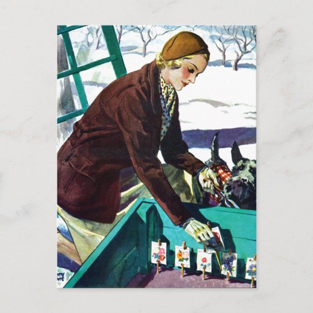 Woman & Scottie Dog Planting Seeds Holiday Postcar (Front)