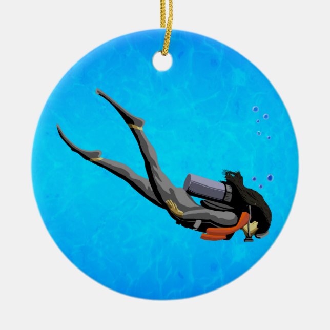 Woman SCUBA Diving Ceramic Ornament (Front)