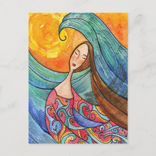 Woman Sea Ocean Art Postcard