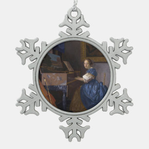 Woman Seated at a Virginal by Vermeer Snowflake Pewter Christmas Ornament